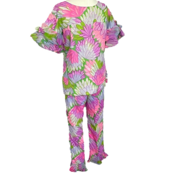 Vintage 60s Pink Purple Floral Hippie Short Sleeve Ruffled Pant Suit - XS/24" - Picture 2 of 16